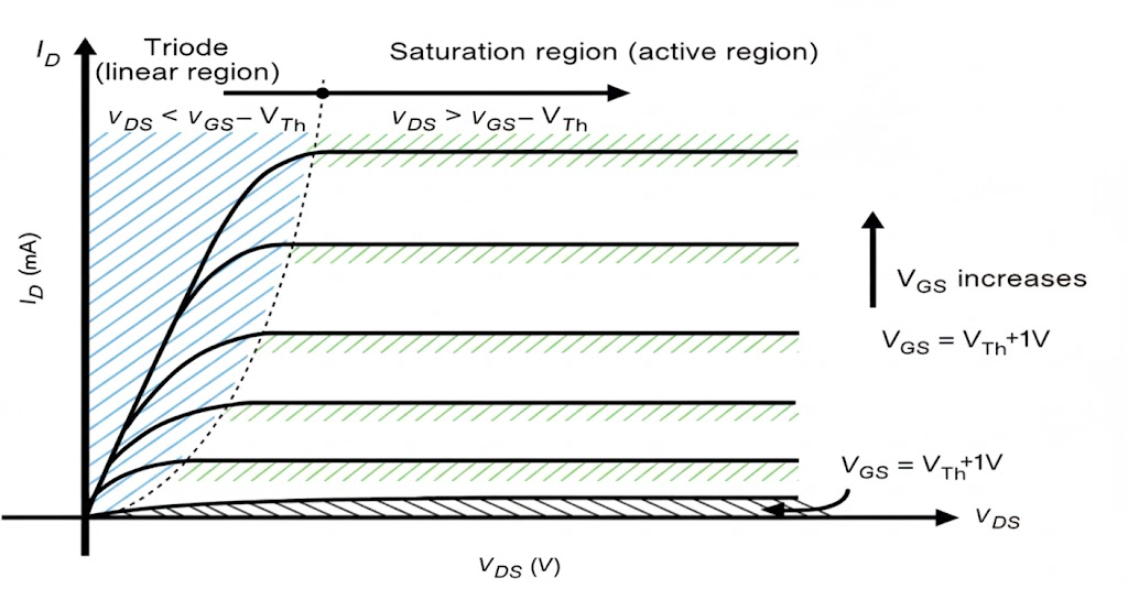 V-I characteristics of N-MOSFET (ID vs VDS)
