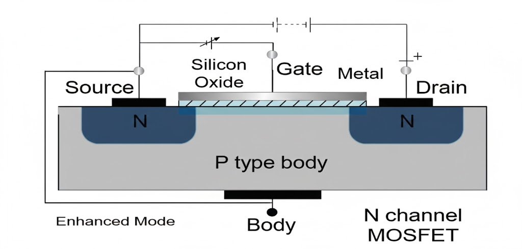 Construction of Enhancement NMOSFET on P-type substrate